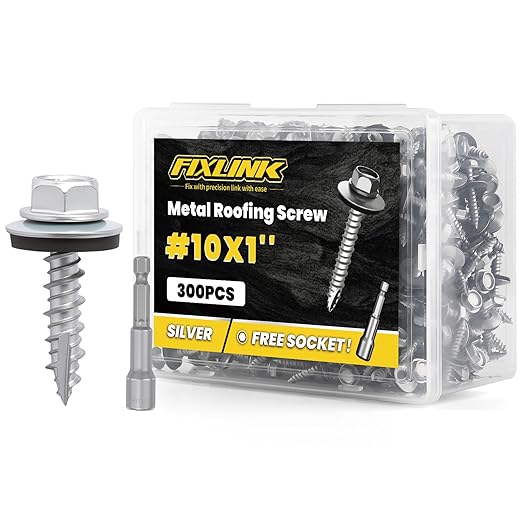 Metal Roofing Screws #10 × 1", 300 PCS, FIXLINK RUSPERT Hex Head Rubber Washer Sheet Metal Roof Screws Self Tapping Metal to Wood Siding Screws, Hex Socket Included, Silver