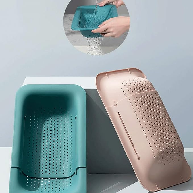 Draining rack Foldable Sink Filter Rectangular Plastic Drain Basket for Draining Pasta and Cleaning Fruits and Vegetables (Green/Pink) Sink Strainer Basket(Gris)