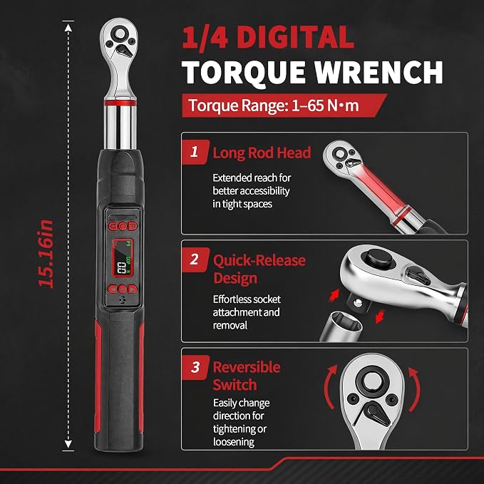 1/4" Digital Torque Wrench Set, 0.74-48 Ft-Lb(1-65Nm), ±2% CW Accuracy, Peak & Track Mode, Backlit LCD, 4" Extension Bar, Adapter, Universal Joint, Sockets Bits for Bicycle Motorcycle Auto DIY Repair