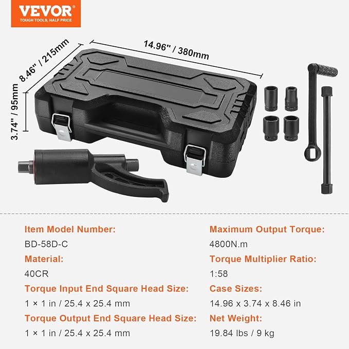 VEVOR Torque Multiplier, Heavy Duty Torque Multiplier Wrench Set, 1 Inch Drive Lug Nut Wrench Torque Multiplier, 1:58 4800N.m Lug Nut Remover, with 4 Sockets and Storage Case for Truck Trailer RV