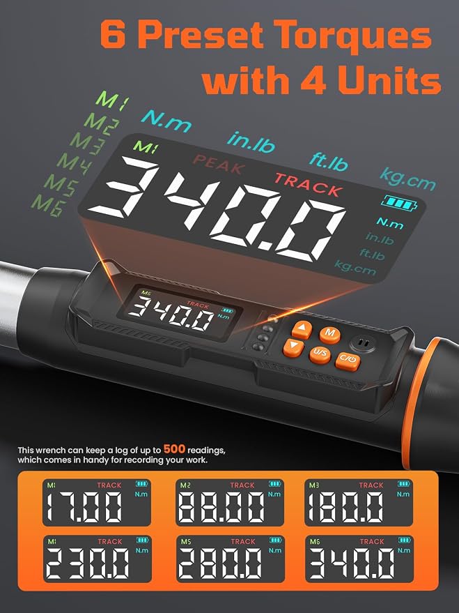 Digital Torque Wrench, 12.54-250.8 Ft.lb /17-340 Nm, 1/2" Drive In Lb Torque Wrench Electronic with Buzzer & LCD Indicator, Torque Wrench Set for Cars Automotive
