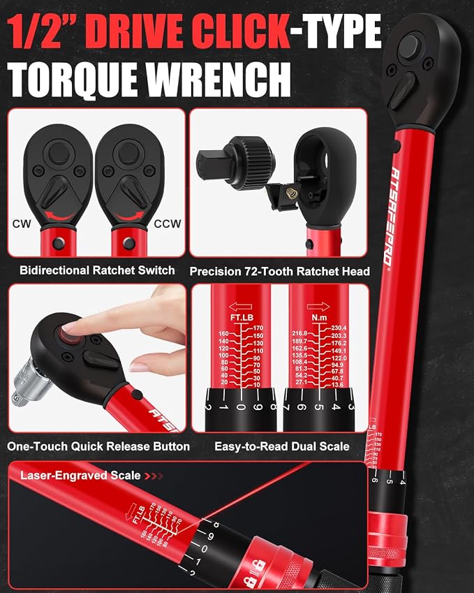 1/2" Drive Click Torque Wrench Set 10-170 Ft-lb, +/-3% Accuracy | ISO 6789 Certified Lug Nut Torque Wrench with 17/19/21mm Impact Sockets, Extension Bar & Adapter for Car SUV Truck Wheels