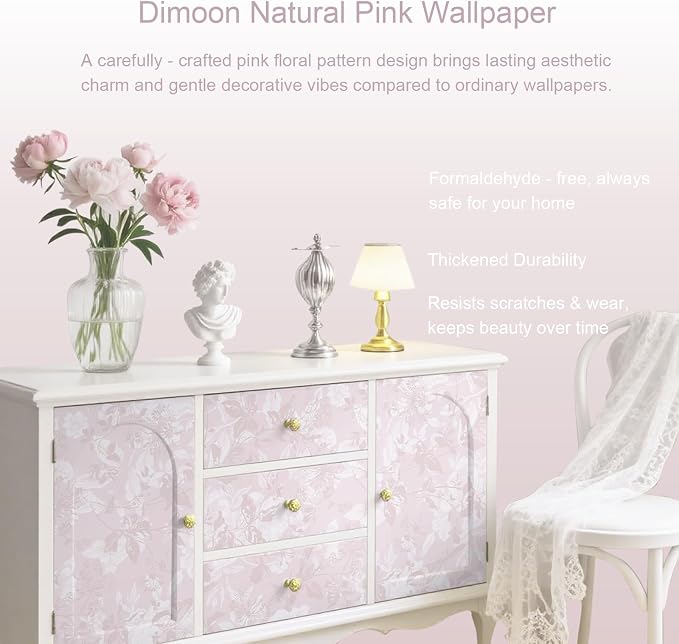 17.3" X 393" Peel and Stick Wallpaper Floral Boho Pink Contact Paper Bird Cute Girl Modern Wall Paper Renter Friendly Waterproof Removable Self Adhesive Bedroom Kitchen Dorm Cabinets Vinyl
