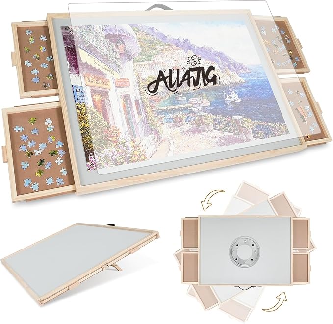 ALL4JIG 2000 Pieces 2-in-1 Tilting&Rotating Puzzle Board for Adults,Wooden Jigsaw Puzzle Table with 4 Drawers, 28.5 "x40.16 Portable Board with Lazy Susan and Cover,with a Tabletop Easel-Style Tilt