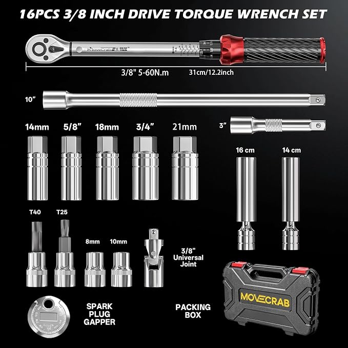 16pcs 3/8" Click Torque Wrench Spark Plug Socket Set, 5-45 Ft.lb | Dual Range Mechanical Torque Wrench with Magnetic Spark Plug Sockets, Extension Bars & Gap Gauge for Auto & Motorcycle Repair