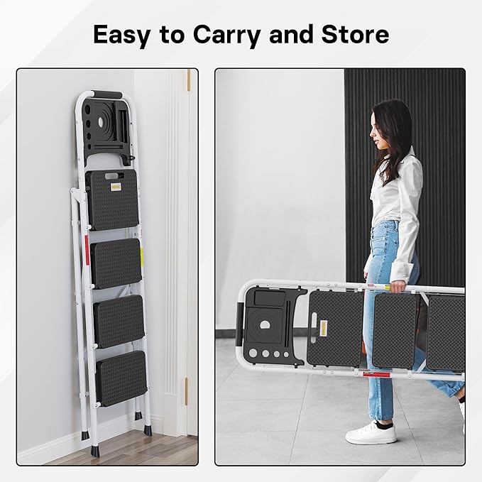 BONTEC 4-Step Ladder, 400lbs Max Load, Folding Step Stool with Tool Tray, Anti-Slip Pedals, Sturdy Steel, Lightweight Portable Ladder with Handrail for Home & Work Use, White