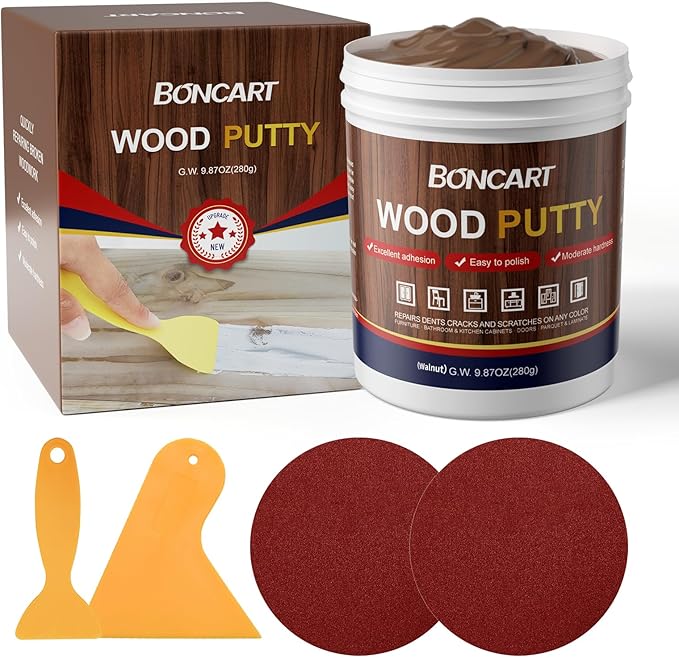BONCART Walnut Wood Putty Filler - 9.87 Ounce Paintable Wood Filler for Furniture Repair, Quickly Repair Any Broken and Defective Wooden Furniture