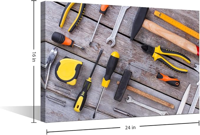 TUMOVO 1 Panels Wall Art for Office Various Tools for Working in the Workshop Picture Wrench Tape Measure Tape Glove Poster Canvas Print Artwork Home Study Repair Shop Wall Decor ((16" Wx24 H)