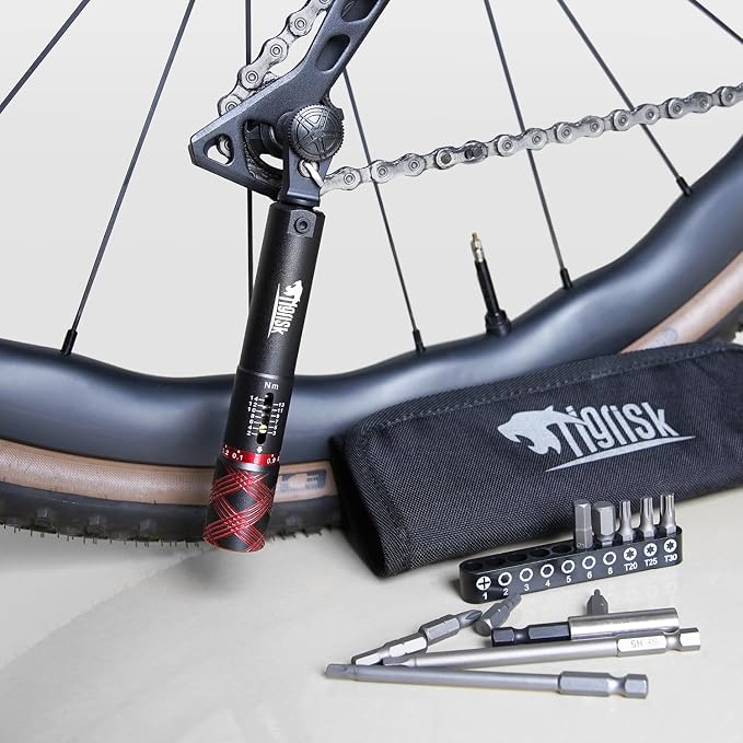 Tigrisk® 1/4 Drive Bike Torque Wrench, Preset Torque 2-14Nm, ±4% Precision | Individually calibrated with unique certificate. 0.1Nm adjustment, click stop, Hex/Torx bits for road, MTB and carbon bikes.
