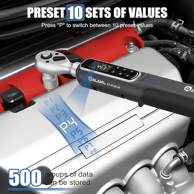 Digital Torque Wrench 3/8 Drive, 0.7-44.3 Ft.Lb ±2% Accuracy | LED Display, Buzzer&Vibration Alert, 2 Modes, 10 Presets&500 Data Logs, for Lug Nuts, Automotive, Motorcycle Repair