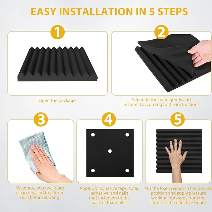 56 Pack Acoustic Foam Panels, 1" x 12"x 12" Sound Proof Foam Panels For Wall Fire Resistant, Noise Cancelling Dampening Sound Absorbing Black Wedge Panels For Studio Recording & Office & Home