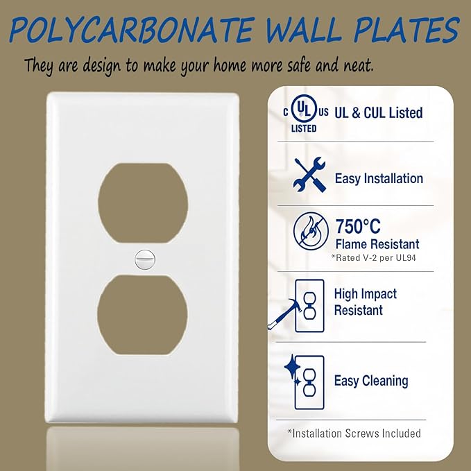 Outlet Covers Wall Plates -Duplex Outlet Covers, 1-Gang Standard Size Wall Plate for Outlets, Duplex Receptacle Wall Plate,Unbreakable Polycarbonate Thermoplastic,UL Listed (2-Pack,White)