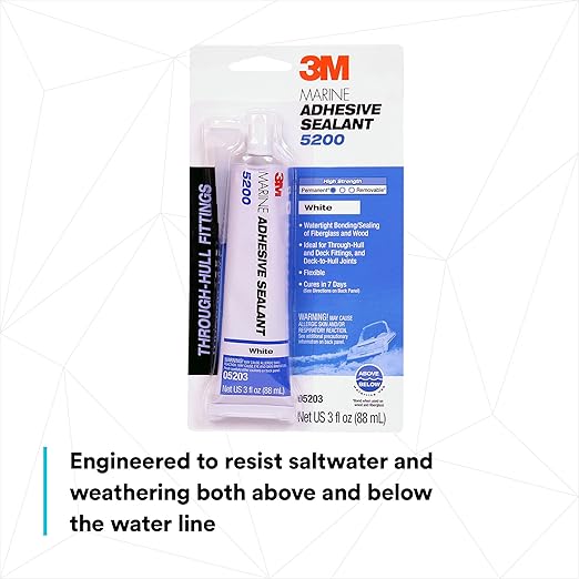 3M Marine Adhesive Sealant 5200 (05203) Permanent Bonding and Sealing for Boats and RVs Above and Below the Waterline Waterproof Repair, White, 3 fl oz Tube