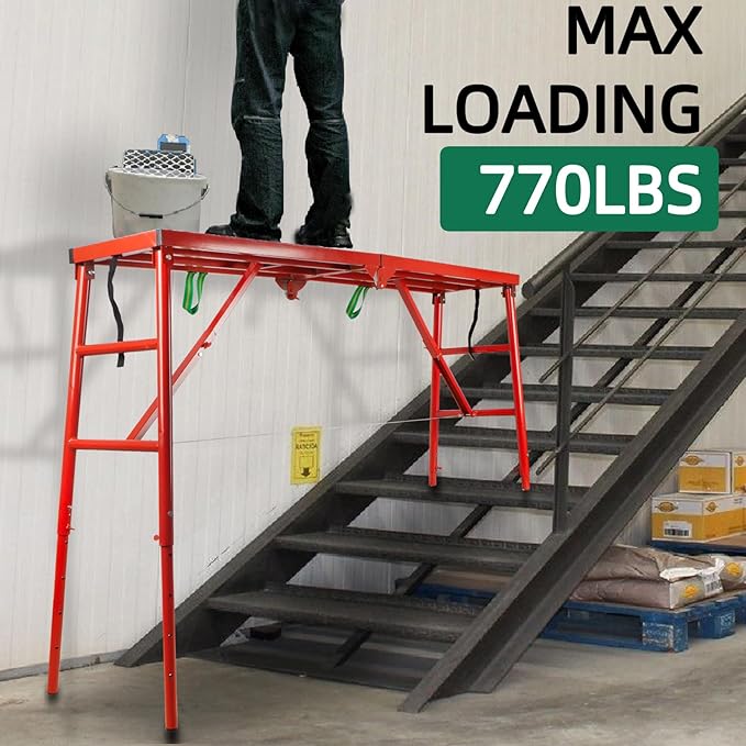 Folding Scaffolding Platform, 71(L) x15.7(W) x51(H)''770 Lbs, Adjustable Steel Industrial Step Ladders, Portable Heavy Duty Work Platform for Construction Sites and Renovations