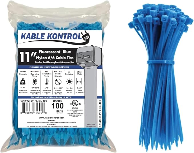 Kable Kontrol Fluorescent Blue Zip Ties 11 Inch 100 Pcs, 50 Lbs Tensile Strength, Self-locking Nylon Colored Cable Ties Wire Wraps for Indoor or Outdoor Use… | Nylon Plastic, Self Locking, UL Listed, Indoor Use