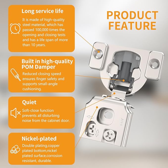 Chibery 20 Pack 1-1/4" 4D Concealed Hinges for Face Frame Door, Soft Close On/Off Switch, Self Closing, 105° Open Angle Concealed Stainless Steel Hinges for Framed Cabinet, Satin Nickel