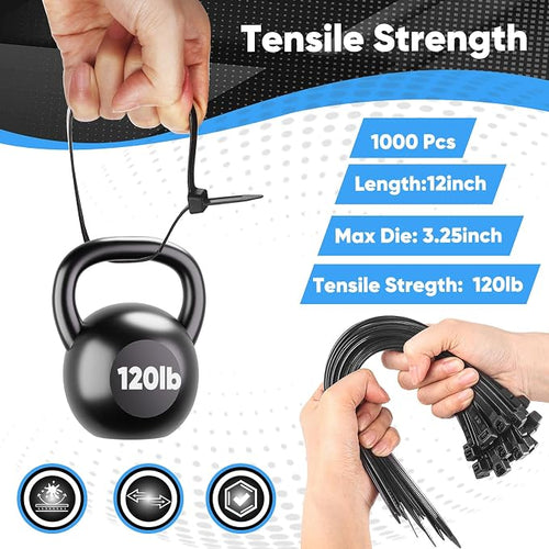 1000 Pcs 12 Inch Zip Ties Heavy Duty Black, Nylon Cable Ties 120 lbs Tensile Strength for Indoor Outdoor Wire Management Garage Organization