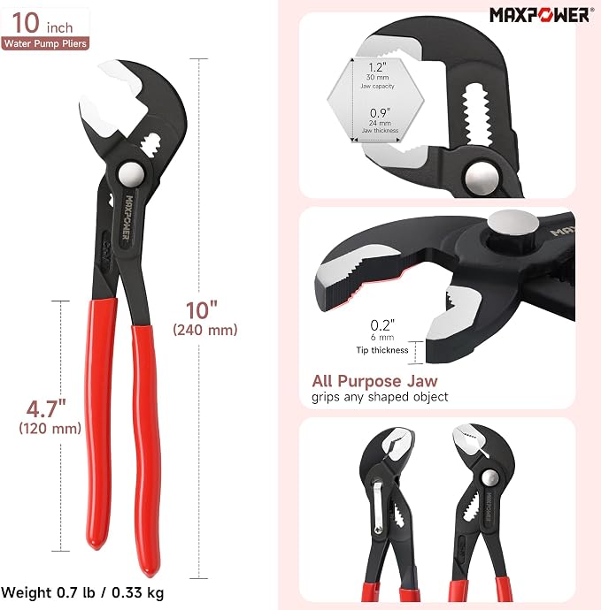 MAXPOWER 10-Inch Tongue-and-Groove Pliers, 1.2" Jaw Opening V Jaw Pliers | Quick Release Push Button Adjustable Pliers, Serrated Teeth, Comfortable Grips