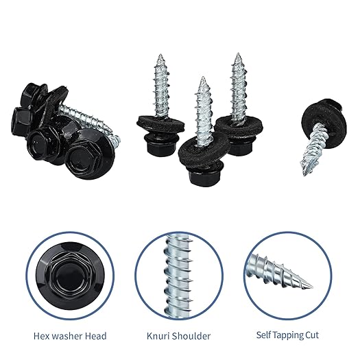 Metal Roofing Screws 10 x 1 Galvanized Hex Head Sheet Metal Screws, Metal to Wood Siding Screws, Self Tapping Screw with EPDM Washer for Corrugated Roofing (Black-300Pcs)