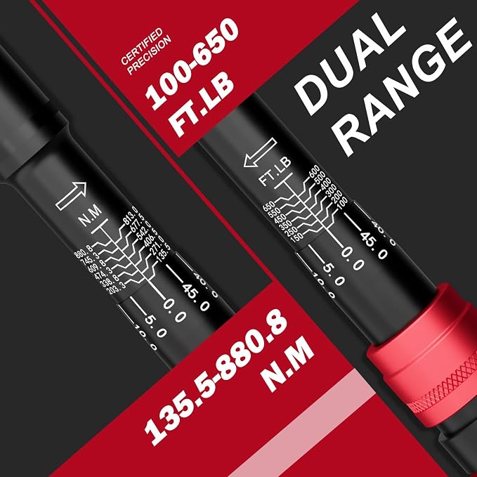 VANPO 3/4-inch Drive Click Torque Wrench, 100-650Ft-Lb/135.5-880.8Nm, | Industrial Adjustable Torque Wrench Set with a Hex Key for Oil Rigs, Trucks & Off-Road Equipment
