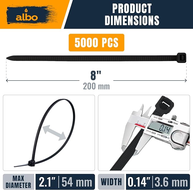 ALBO Zip Ties Black 8 Inch 5000 Pack 40 lb, Long Plastic Cable Ties Thick 0.14 Inch Tie Wraps Heavy Duty UV Resistant Nylon Wire Ties for Indoor and Outdoor / 5000pcs