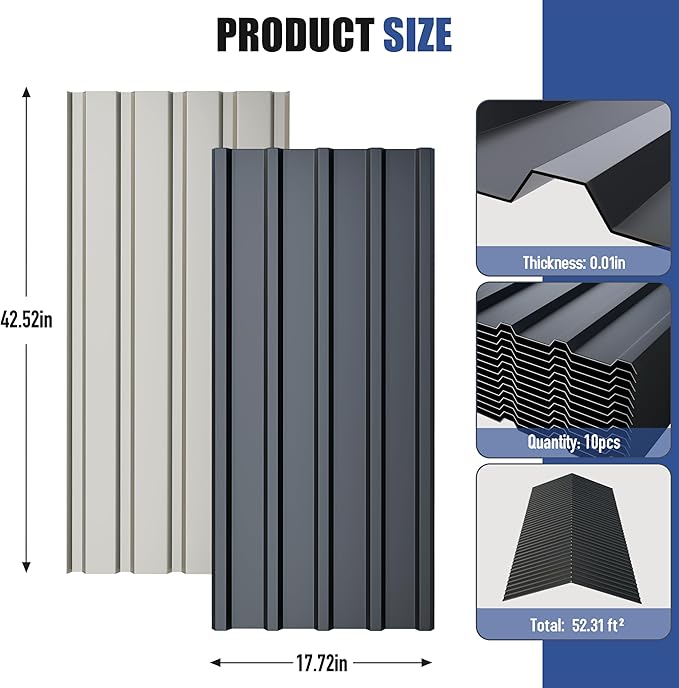 Brakki Metal Roofing Panels 10pcs 52.4 ft², L42.52"xW17.72" Grey Corrugated Galvanized Steel Roof Panels with Screw, Heavy Duty Metal Siding Suitable for Garages Chicken Coop Sheds Stables Patio