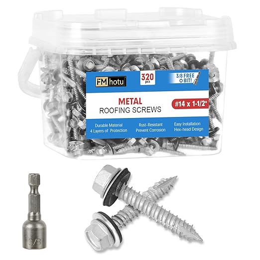 FMhotu Metal Roofing Screws #14×1-1/2Inch, 320-PCS, Hex Head Rustpert Coating Sheet Metal to Wood Siding Screw with EPDM Rubber Washer, Sharp Point, Hex Socket Included