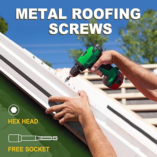 LIONMAX Metal Roofing Screws #14 × 1 Inch, 300-PCS, White Painted Hex Head Sheet Metal Screw with Rubber Washer, Sharp Point, for Roofing and Siding, Hex Socket Included