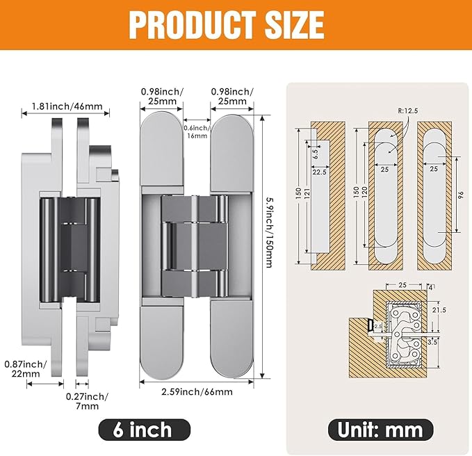 6" Hidden Door Hinge/Concealed Hinges,Invisible Hinges,Invisible Door Silent 180 Degree Swing Hinge 3-Way Adjustable Butt 6 x 2.5 x 1inch (Silvery, 6 inches)
