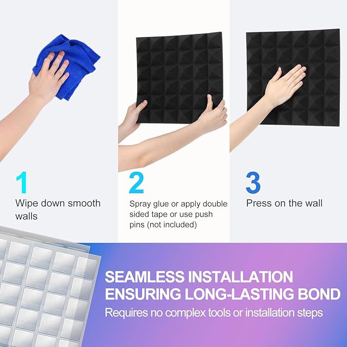 JBER Acoustic Sound Foam Panels, 24 Pack 2" X 12" X 12" Blue and Black Soundproofing Treatment Studio Wall Padding Sound Absorbing Fireproof Pyramid Acoustic Treatment…