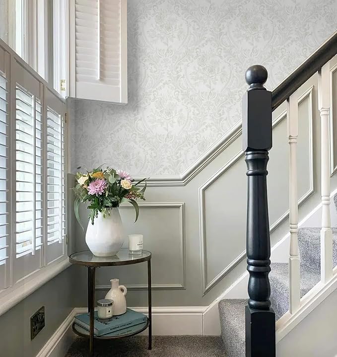 Ismoon Peel and Stick Wallpaper Vintage Floral Contact Paper Boho White and Grey Watercolor Damask Wallpaper Textured Removable Self Adhesive Vinyl Wall Paper for Bedroom, 17.3 in x 16.4 ft
