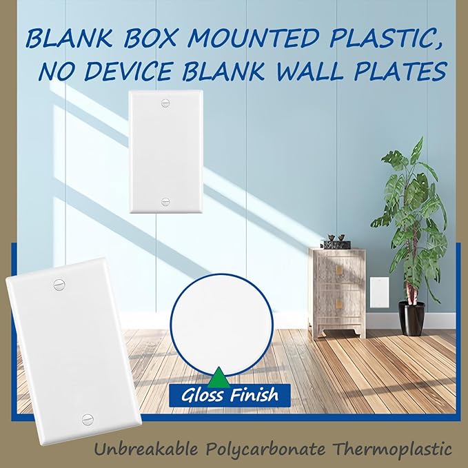 No Device Blank Wallplate,Standard Size 1-Gang 4.50" x 2.76",Smooth Face,Unbreakable Polycarbonate Thermoplastic,UL Listed,2-Pack