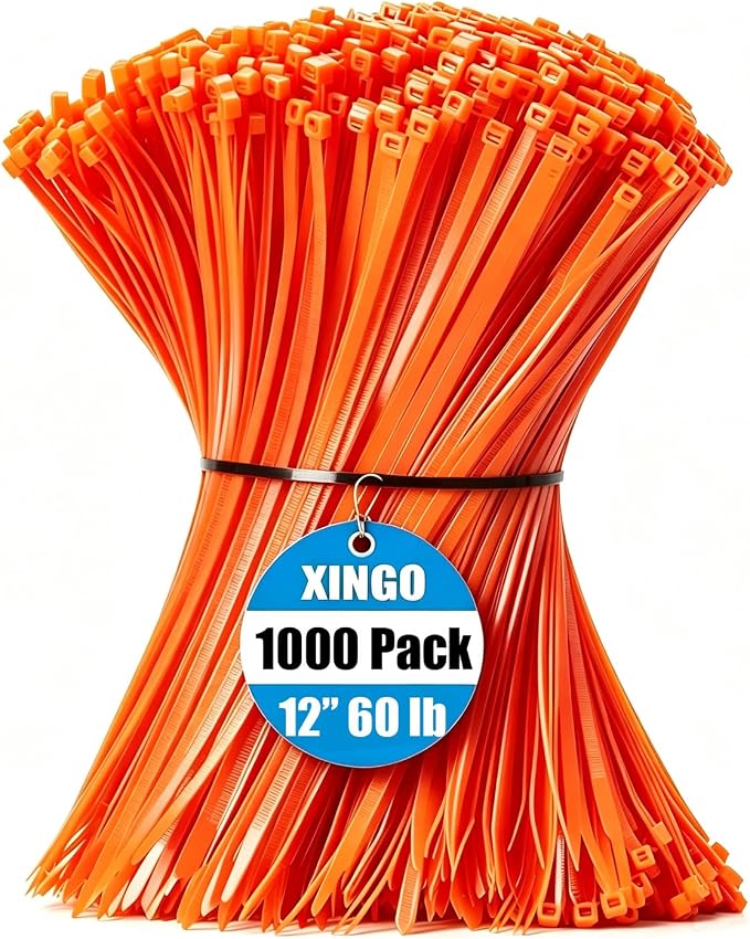 XINGO 1000 PCS Orange Zip Ties 12 Inch, 60 LBS Tensile Strength, Self-Locking Nylon Plastic Nylon PA66 Wire Ties for Indoor and Outdoor Use