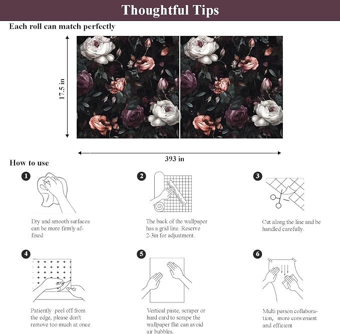 Gothic Dark Purple Rose Floral Wallpaper Peel and Stick 17.5"x393" | Self Adhesive/Removable/Waterproof/Thick Vinyl Contact Paper for Bathroom Bedroom Shelf Cabinet Drawer,Prepasted,Easy Peel