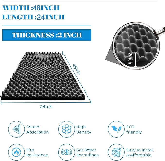 1 Pcs Sound Proof Foam Panels |48"×24"×2" Quick-Recovery Soundproof Wall Panels | High Density Sound Dampening Panels for Home Studio,(Black)