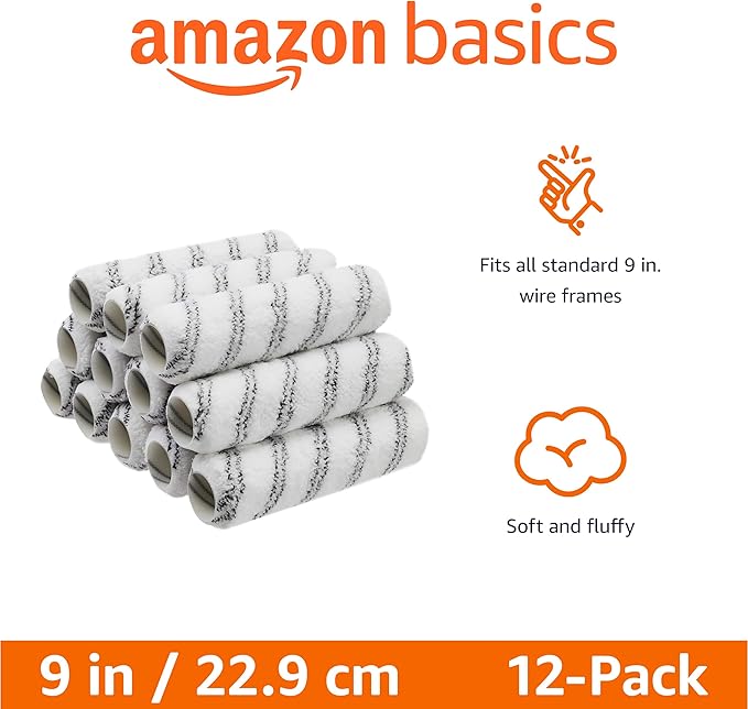 Amazon Basics Microfiber Paint Roller Covers for Painting Walls, Ceilings and House, Smooth Finish, Washable, 9" x 3/8", 12-Pack