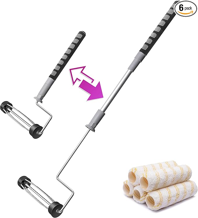 6pcs House Paint Roller Kit, 9 inch Extendable Roller Frame with 5 Microfiber Roller Covers 1/2" Nap, Adjustable Painting Roller (18" - 36") for Walls, Ceilings, Floor, Home Painting Supplies