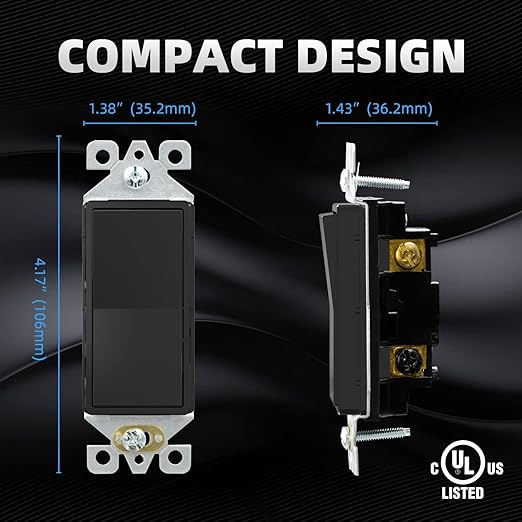 ELEGRP 3 Way Decorative Light Switch, 15Amp, 120-277 Volt, AC Decorator Rocker Paddle Wall Switch Replacement, Self-Grounding, Residential and Commercial Grade, UL Listed (5 Pack, Glossy Black)