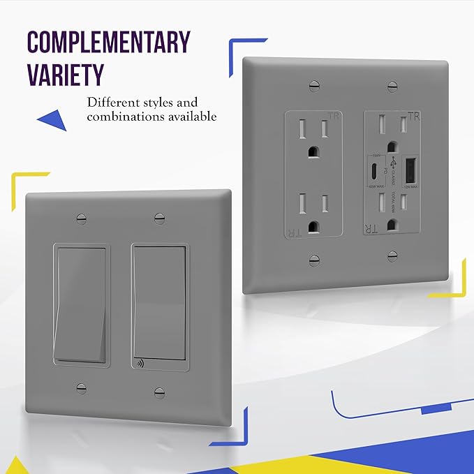 ENERLITES Double Decorator Switch Cover, Two Outlet Wall Plate, Mid-Size 2-Gang 4.88" x 4.92", Unbreakable Polycarbonate Thermoplastic, UL Listed, 8832M-GY, Gray