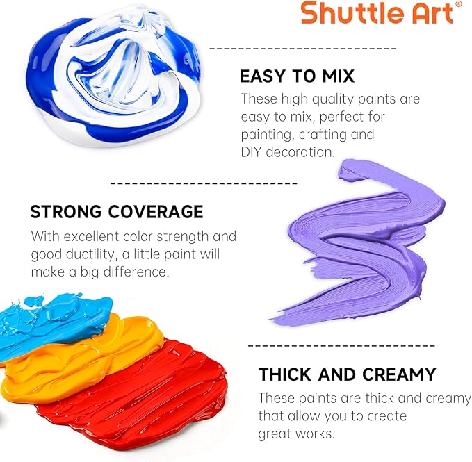 72 Pack Acrylic Paint Set, Shuttle Art 60 Colors Acrylic Paint Including Extra White Black & 12 Brushes, 2oz/60ml, Rich Pigmented, Water Proof, Ideal for Artists, Beginners on Canvas Rock Wood Ceramic