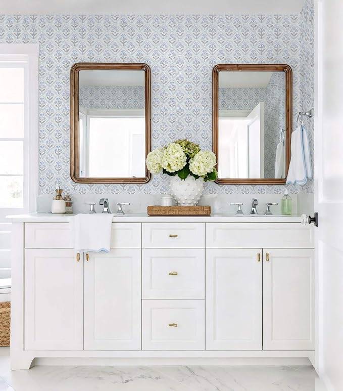 Dimoon Blue Peel and Stick Wallpaper Retro Floral Contact Paper Vintage Boho Cute Wallpaper Renter Friendly Removable Geometric Wall Paper for Bathroom Kitchen Textured Vinyl 17.3''x197''