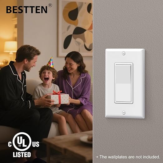 BESTTEN 30 Pack 3 Way Decorator Light Switch, 15A 120/277V, On/Off Paddle Rocker Interrupter, Electrical Wall Light Switches, Single Pole or Three Way, UL Listed, White