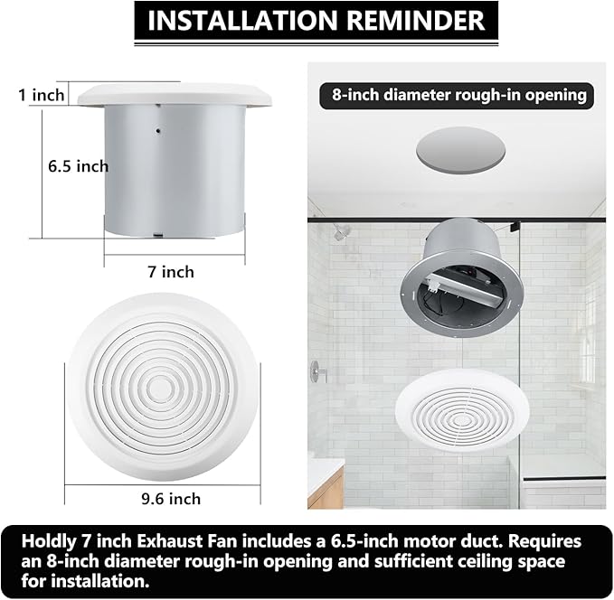 V2262-50 7 Inch Bathroom Exhaust Fan, 50 CFM, 1.0 Sones, 7" Ceiling Exhaust Fan, for 8 Inch Diameter Rough-in Opening, Ideal Ventilation for Bathroom, Laundry Room, Mobile Home, Kitchen & Garage