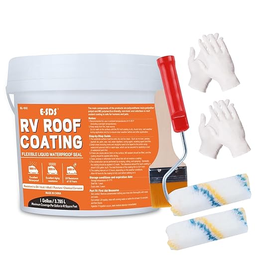 E-SDS RV Roof Sealant Waterproof - White 1 Gallon Liquid Flexible Rubber Repair Sealant Elastomeric Coating for Campers, Trailers, Metal Buildings - Accessories Packaged Inside The Bucket