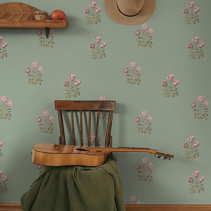 17.3" x 393.7" Vintage Floral Wallpaper Peel and Stick Boho Wallpaper Removable Waterproof Green Rose Pattern Contact Paper for Bedroom, Bathroom, Home Wall