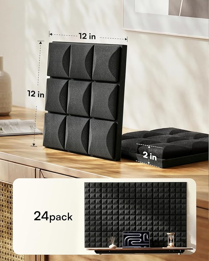 SODOCT 24 Pack Self-Adhesive Acoustic Foam Panels, 12 x 12 x 2 Inches Mushroom Shape, Sound Proofing Wall Panels, High Density Sound Absorbing Foam for Studio, Home Office, Recording (Black)