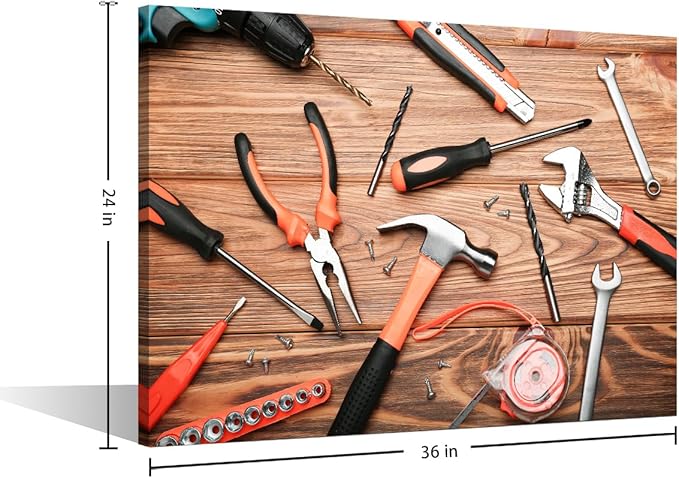 Large Wall Decor For Living Room 1 Piece Wooden Table Old Tools Canvas Wall Art Screwdriver Gloves Pictures Print Artwork for Repair Shop Decor Wooden Framed Gallery Artwork Gifts (24" Wx36 H)