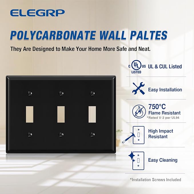 ELEGRP 3-Gang Toggle Switch Wall Plates, Standard Size 4.53" H x 6.39" L Thermoplastic Faceplate Cover for Toggle Dimmer Light Switches, UL Listed (2 Pack, Glossy Black)