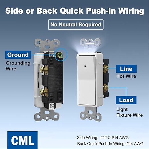 CML Illuminated Light Switch, 5 Pack Decorator Rocker Paddle Interrupter with Cool White LED Night Light, Single Pole Wall Lighted Switch with Automatic On/Off Sensor, 15A 120V, ETL Listed, White