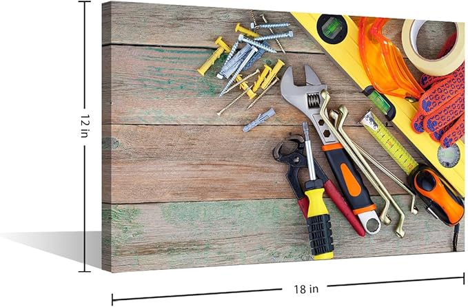 Orange Tool Theme Picture 1 Panels Canvas Wall Art Bedroom Set of Various Construction Tools on a Wooden Background Poster Framed Artwork for Farmhouse Living Room Wall Decor (12" Wx18 H)